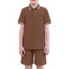 Arshiner Boys 2 Piece Rib Knit Outfits Short Sleeve Polo Shirt & Elastic Waist Shorts Vacation Texture Sets Sizes 4-13(Brown)