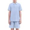 Arshiner Boys 2 Piece Rib Knit Outfits Short Sleeve Polo Shirt & Elastic Waist Shorts Vacation Texture Sets Sizes 4-13(Light Blue)