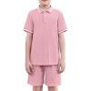 Arshiner Boys 2 Piece Rib Knit Outfits Short Sleeve Polo Shirt & Elastic Waist Shorts Vacation Texture Sets Sizes 4-13(Pink)