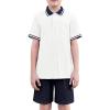 Arshiner Boys 2 Piece Rib Knit Outfits Short Sleeve Polo Shirt & Elastic Waist Shorts Vacation Texture Sets Sizes 4-13(White & Navy Blue)
