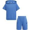 Arshiner Boys 2 Piece Summer Outfits Letter Graphic Colorblock Short Sleeve Hoodie and Short Sets with Pockets 5-12 Years(Blue)