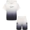 Arshiner Boys 2 Piece Summer Outfits Letter Graphic Colorblock Short Sleeve Hoodie and Short Sets with Pockets 5-12 Years(Grey & White Ombre Print)