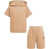 Arshiner Boys 2 Piece Summer Outfits Letter Graphic Colorblock Short Sleeve Hoodie and Short Sets with Pockets 5-12 Years(Khaki)