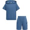 Arshiner Boys 2 Piece Summer Outfits Letter Graphic Colorblock Short Sleeve Hoodie and Short Sets with Pockets 5-12 Years(Navy Blue)
