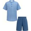 Arshiner Boy’s 2 Pieces Cotton Linen Set Casual Henley Shirts Short Sleeve Beach Shorts Summer Outfits for 5-12 Years(Blue Stripes & Navy)