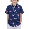 Boys Hawaiian Shirt Tropical Short Sleeve Button Down Shirt Summer Floral Beach Shirts with Pocket for 4-14 Years(Deep Blue – Flamingo)