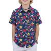 Boys Hawaiian Shirt Tropical Short Sleeve Button Down Shirt Summer Floral Beach Shirts with Pocket for 4-14 Years(Navy Blue-colorful Flowers)
