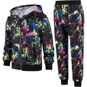 Arshiner Boys’ 2 Piece Athletic Tracksuit Jogging Sets Outfit Sweatsuit Zip Up Hoodie and Active Pants for Kids 5-14 Years(Black Print)