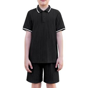 Arshiner Boys 2 Piece Rib Knit Outfits Short Sleeve Polo Shirt & Elastic Waist Shorts Vacation Texture Sets Sizes 4-13(Black)