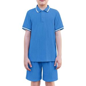 Arshiner Boys 2 Piece Rib Knit Outfits Short Sleeve Polo Shirt & Elastic Waist Shorts Vacation Texture Sets Sizes 4-13(Blue)