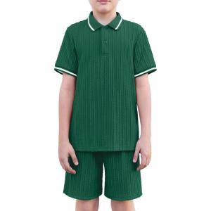 Arshiner Boys 2 Piece Rib Knit Outfits Short Sleeve Polo Shirt & Elastic Waist Shorts Vacation Texture Sets Sizes 4-13(Green)