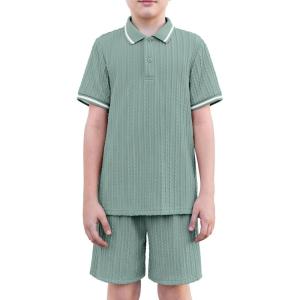 Arshiner Boys 2 Piece Rib Knit Outfits Short Sleeve Polo Shirt & Elastic Waist Shorts Vacation Texture Sets Sizes 4-13(Grey-green)