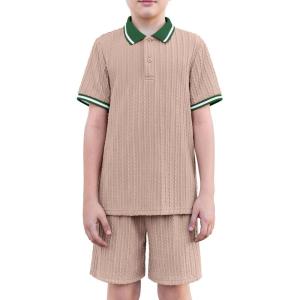 Arshiner Boys 2 Piece Rib Knit Outfits Short Sleeve Polo Shirt & Elastic Waist Shorts Vacation Texture Sets Sizes 4-13(Khaki)