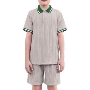 Arshiner Boys 2 Piece Rib Knit Outfits Short Sleeve Polo Shirt & Elastic Waist Shorts Vacation Texture Sets Sizes 4-13(Light Grey)