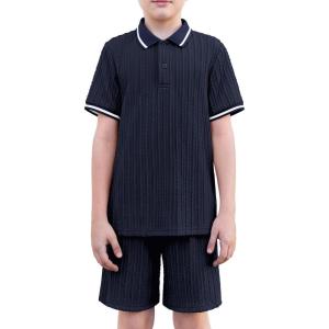 Arshiner Boys 2 Piece Rib Knit Outfits Short Sleeve Polo Shirt & Elastic Waist Shorts Vacation Texture Sets Sizes 4-13(Navy Blue)