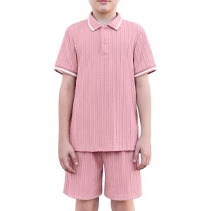 Arshiner Boys 2 Piece Rib Knit Outfits Short Sleeve Polo Shirt & Elastic Waist Shorts Vacation Texture Sets Sizes 4-13(Pink)