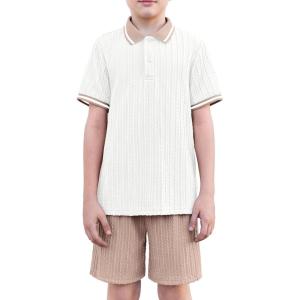 Arshiner Boys 2 Piece Rib Knit Outfits Short Sleeve Polo Shirt & Elastic Waist Shorts Vacation Texture Sets Sizes 4-13(White & Khaki)