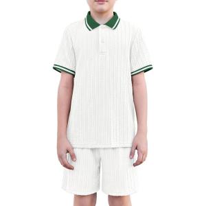 Arshiner Boys 2 Piece Rib Knit Outfits Short Sleeve Polo Shirt & Elastic Waist Shorts Vacation Texture Sets Sizes 4-13(White)