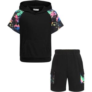 Arshiner Boys 2 Piece Summer Outfits Letter Graphic Colorblock Short Sleeve Hoodie and Short Sets with Pockets 5-12 Years(Black Graphic Print)