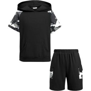 Arshiner Boys 2 Piece Summer Outfits Letter Graphic Colorblock Short Sleeve Hoodie and Short Sets with Pockets 5-12 Years(Gray Camo)