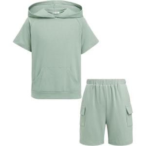 Arshiner Boys 2 Piece Summer Outfits Letter Graphic Colorblock Short Sleeve Hoodie and Short Sets with Pockets 5-12 Years(Green)