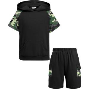 Arshiner Boys 2 Piece Summer Outfits Letter Graphic Colorblock Short Sleeve Hoodie and Short Sets with Pockets 5-12 Years(Green Camo)