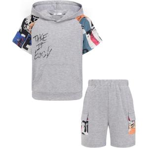 Arshiner Boys 2 Piece Summer Outfits Letter Graphic Colorblock Short Sleeve Hoodie and Short Sets with Pockets 5-12 Years(Grey Graphic Print)