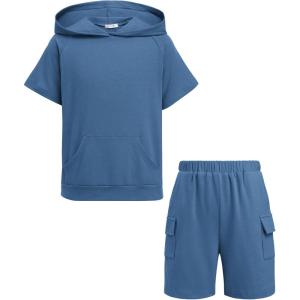 Arshiner Boys 2 Piece Summer Outfits Letter Graphic Colorblock Short Sleeve Hoodie and Short Sets with Pockets 5-12 Years(Navy Blue)