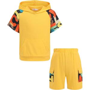 Arshiner Boys 2 Piece Summer Outfits Letter Graphic Colorblock Short Sleeve Hoodie and Short Sets with Pockets 5-12 Years(Yellow Graphic Print)