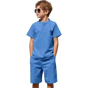 Arshiner Boy’s 2 Pieces Cotton Linen Set Casual Henley Shirts Short Sleeve Beach Shorts Summer Outfits for 5-12 Years(Blue)