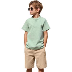 Arshiner Boy’s 2 Pieces Cotton Linen Set Casual Henley Shirts Short Sleeve Beach Shorts Summer Outfits for 5-12 Years(Light Green & Khaki)