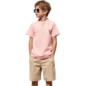 Arshiner Boy’s 2 Pieces Cotton Linen Set Casual Henley Shirts Short Sleeve Beach Shorts Summer Outfits for 5-12 Years(Pink & Khaki)