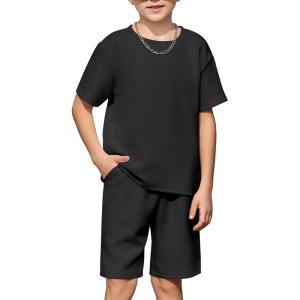 Arshiner Boys Drop Shoulder Tee & Drawstring Waist Shorts with Chain Necklace Black Size 8