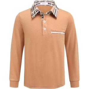 Arshiner Boy’s Long Sleeve Plaid Trim Polo Shirt School Uniform Shirt with Pocket(A-khaki)