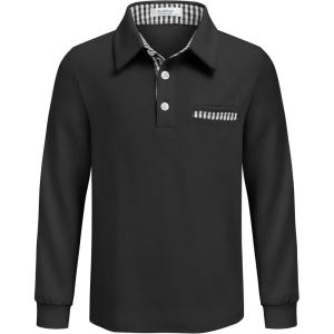 Arshiner Boy’s Long Sleeve Plaid Trim Polo Shirt School Uniform Shirt with Pocket(Black)