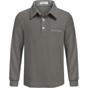 Arshiner Boy’s Long Sleeve Plaid Trim Polo Shirt School Uniform Shirt with Pocket(Dark Grey)