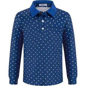 Arshiner Boy’s Long Sleeve Plaid Trim Polo Shirt School Uniform Shirt with Pocket(Navy White Dots)