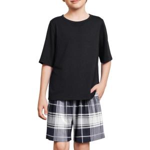 Arshiner Boys Pajamas Short Sleeve Top and Shorts 2 Piece Pajama Sets Loose Fit Soft Breathable Cute Pjs 4-13 Years(Black Plaid)