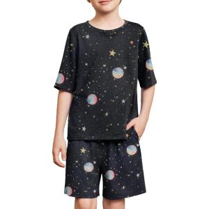 Arshiner Boys Pajamas Short Sleeve Top and Shorts 2 Piece Pajama Sets Loose Fit Soft Breathable Cute Pjs 4-13 Years(Black Planet)