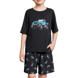 Arshiner Boys Pajamas Short Sleeve Top and Shorts 2 Piece Pajama Sets Loose Fit Soft Breathable Cute Pjs 4-13 Years(Black Truck)