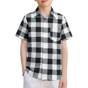 Arshiner Boys Short Sleeve Dress Shirts Solid Button Down Shirts Summer Formal Uniform Shirt with Pocket(Black White Plaid)