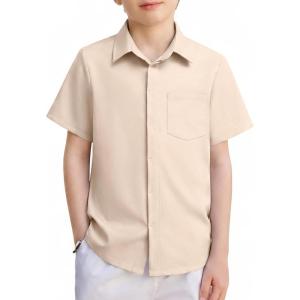 Arshiner Boys Short Sleeve Dress Shirts Solid Button Down Shirts Summer Formal Uniform Shirt with Pocket(Champagne)