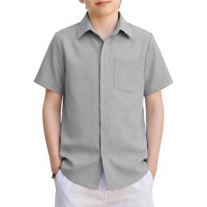 Arshiner Boys Short Sleeve Dress Shirts Solid Button Down Shirts Summer Formal Uniform Shirt with Pocket(Light Gray)
