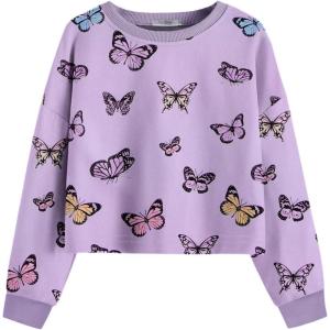 Arshiner Girls Crop Tops Kids Long Sleeve Pullover Sweatshirts Girls Cropped Crewneck Sweatshirt for Teen Girl(Butterfly  Purple)