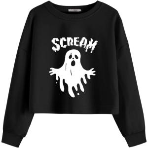 Arshiner Girls Crop Tops Kids Long Sleeve Pullover Sweatshirts Girls Cropped Crewneck Sweatshirt for Teen Girl(Halloween Ghost)