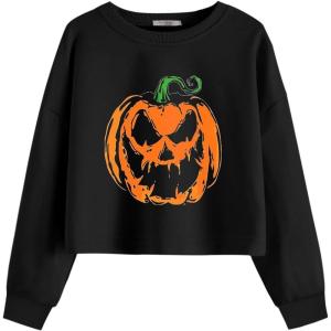 Arshiner Girls Crop Tops Kids Long Sleeve Pullover Sweatshirts Girls Cropped Crewneck Sweatshirt for Teen Girl(Halloween Pumpkin)