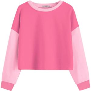 Arshiner Girls Crop Tops Kids Long Sleeve Pullover Sweatshirts Girls Cropped Crewneck Sweatshirt for Teen Girl(Pink Colorblock)