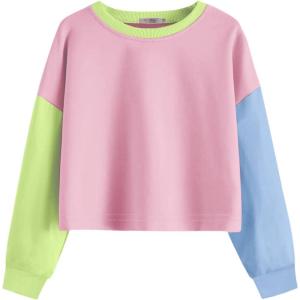 Arshiner Girls Crop Tops Kids Long Sleeve Pullover Sweatshirts Girls Cropped Crewneck Sweatshirt for Teen Girl(Pink Patchwork)