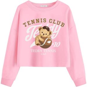 Arshiner Girls Crop Tops Kids Long Sleeve Pullover Sweatshirts Girls Cropped Crewneck Sweatshirt for Teen Girl(Pink Teddy)
