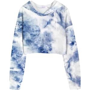 Arshiner Girls Cropped Hoodie Kids Long Sleeve Crop Tops Tie-dye Hoodies Hooded Pullover Sweatshirts(Dusty Blue & White)